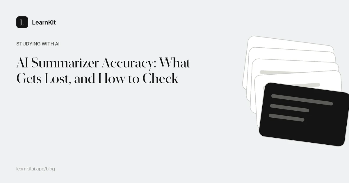 Article title about AI summarizer accuracy over a calm monochrome pattern of text lines