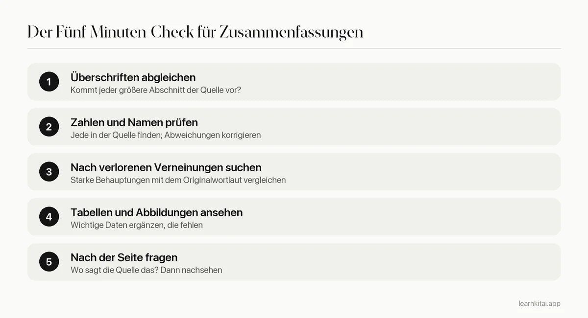 Fünf Schritte, um eine KI-Zusammenfassung in etwa fünf Minuten mit ihrer Quelle abzugleichen