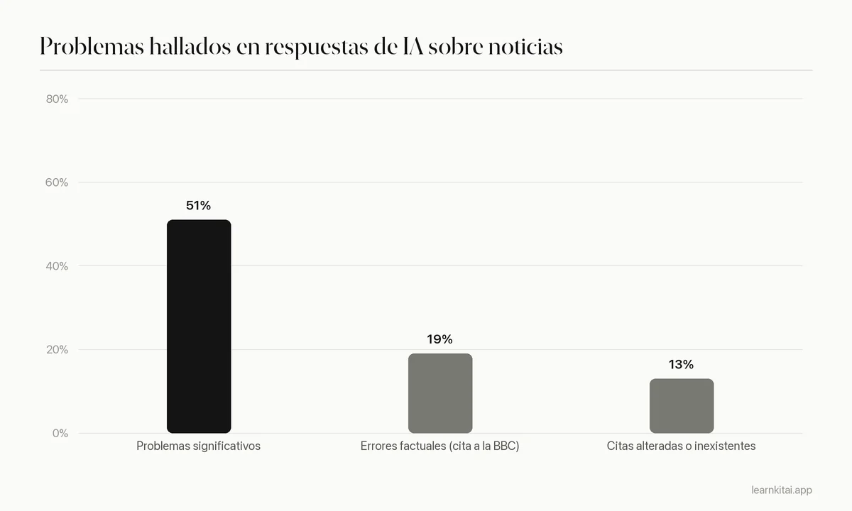 Gráfico de barras con los hallazgos de la BBC: 51 % de problemas significativos, 19 % de errores factuales, 13 % de citas alteradas