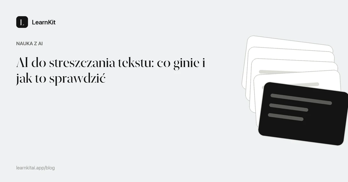 Tytuł artykułu o trafności streszczeń AI na spokojnym, monochromatycznym wzorze z liniami tekstu