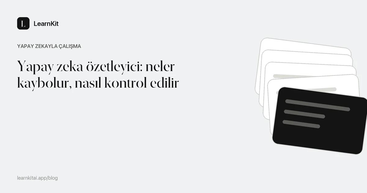 Yapay zeka özetleyici doğruluğu başlığı, metin satırlarından oluşan sakin ve tek renkli bir desenin üzerinde