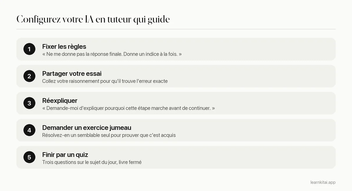 Cinq étapes pour configurer un chatbot afin qu'il se comporte en tuteur qui guide plutôt qu'en distributeur de réponses