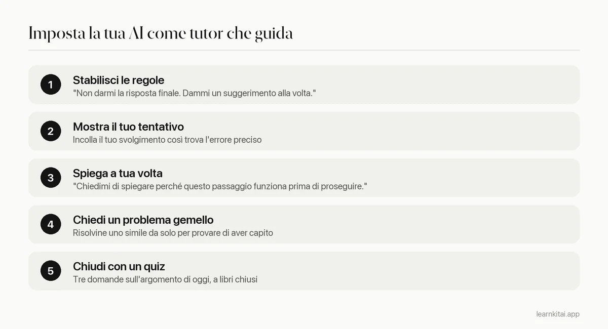 Cinque passaggi per impostare un chatbot come tutor che guida e non come macchina di risposte