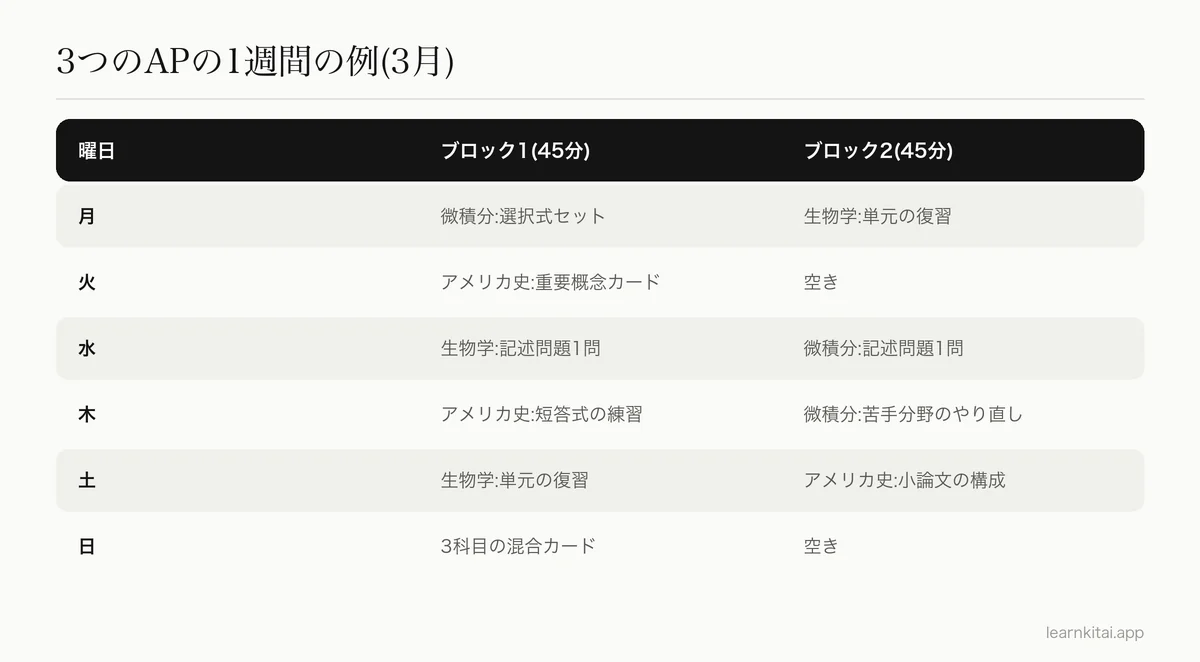 3つのAP試験を、平日と週末にわたって回す、1週間の勉強ローテーション