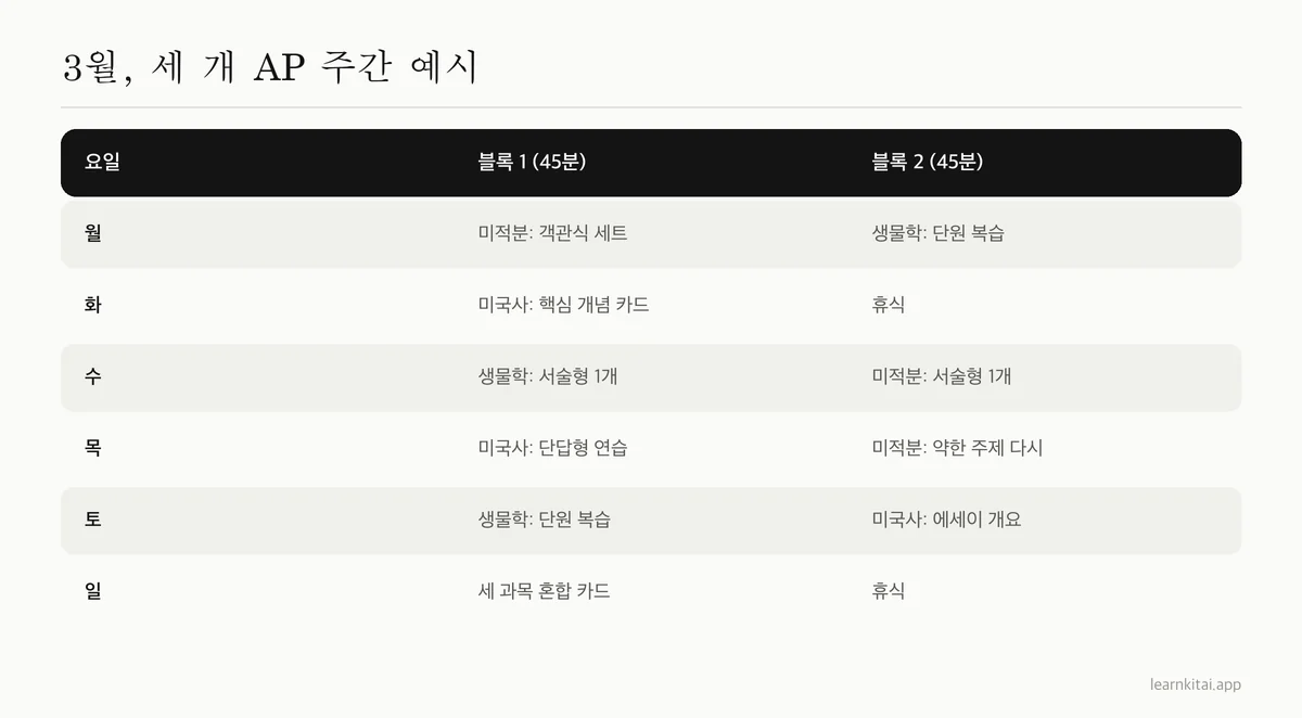 세 과목 AP 시험을 위한 평일과 주말 주간 공부 순환
