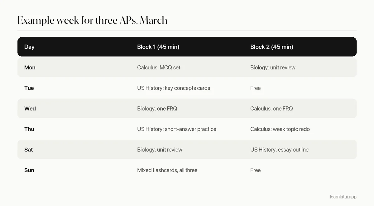 Weekly study rotation for three AP exams across weekdays and the weekend