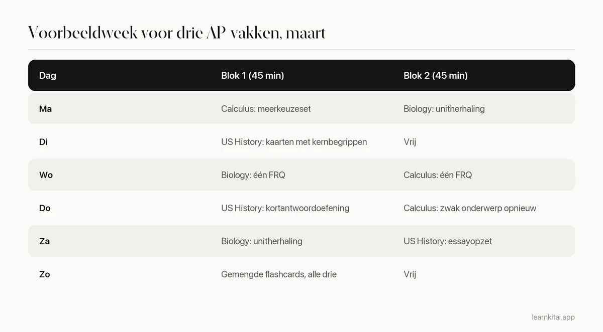 Wekelijks studieritme voor drie AP-examens over de werkdagen en het weekend