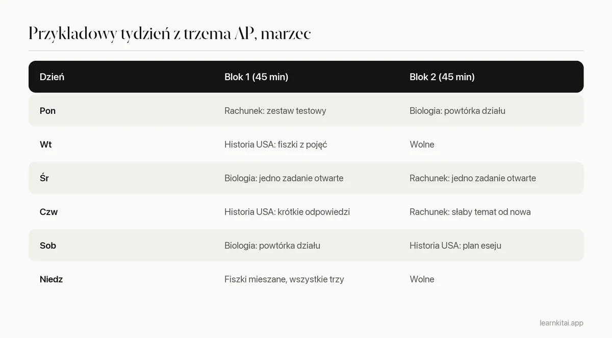Tygodniowa rotacja nauki do trzech egzaminów AP w dni robocze i weekend