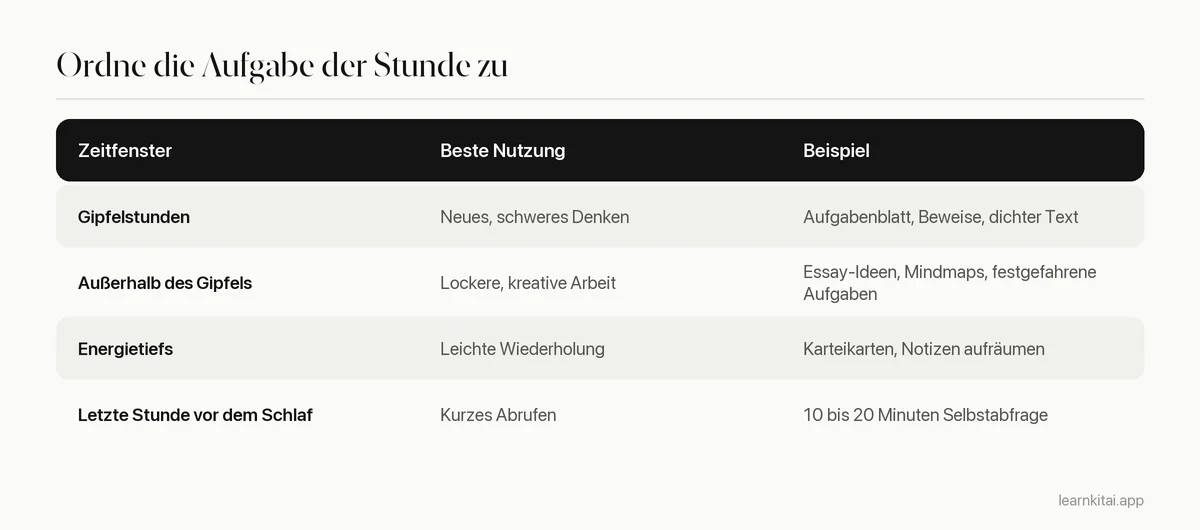 Tabelle, die Lernaufgaben Zeitfenstern im Gipfel, außerhalb des Gipfels und vor dem Schlafen zuordnet