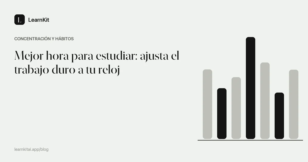 El título Mejor hora para estudiar sobre un patrón monocromo y sereno de arcos de reloj