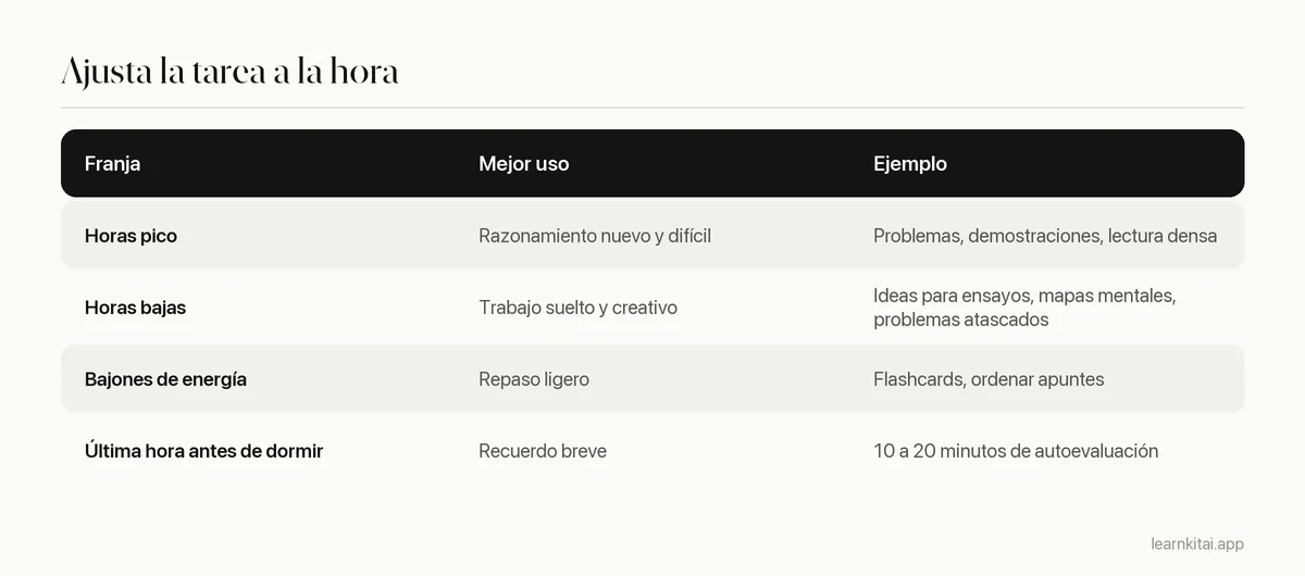 Tabla que asigna tareas de estudio a franjas de hora pico, hora baja y antes de dormir