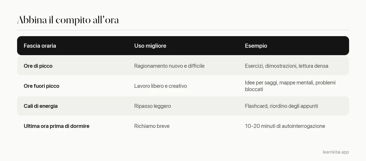 Tabella che abbina compiti di studio alle fasce orarie di picco, fuori picco e prima di dormire