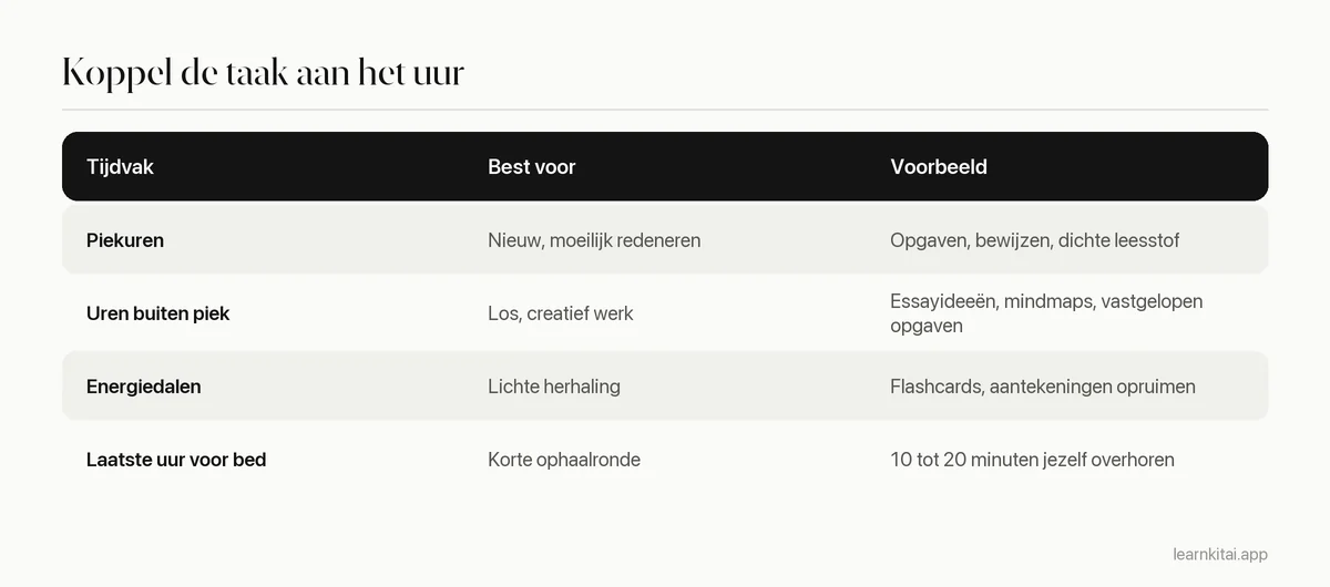 Tabel die studietaken koppelt aan piek, buiten piek en tijdvakken vlak voor het slapen