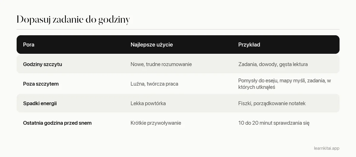 Tabela dopasowująca zadania nauki do godzin szczytu, godzin poza szczytem i czasu przed snem