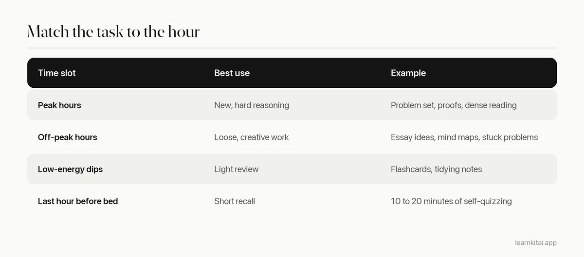 Table matching study tasks to peak, off-peak and pre-sleep time slots