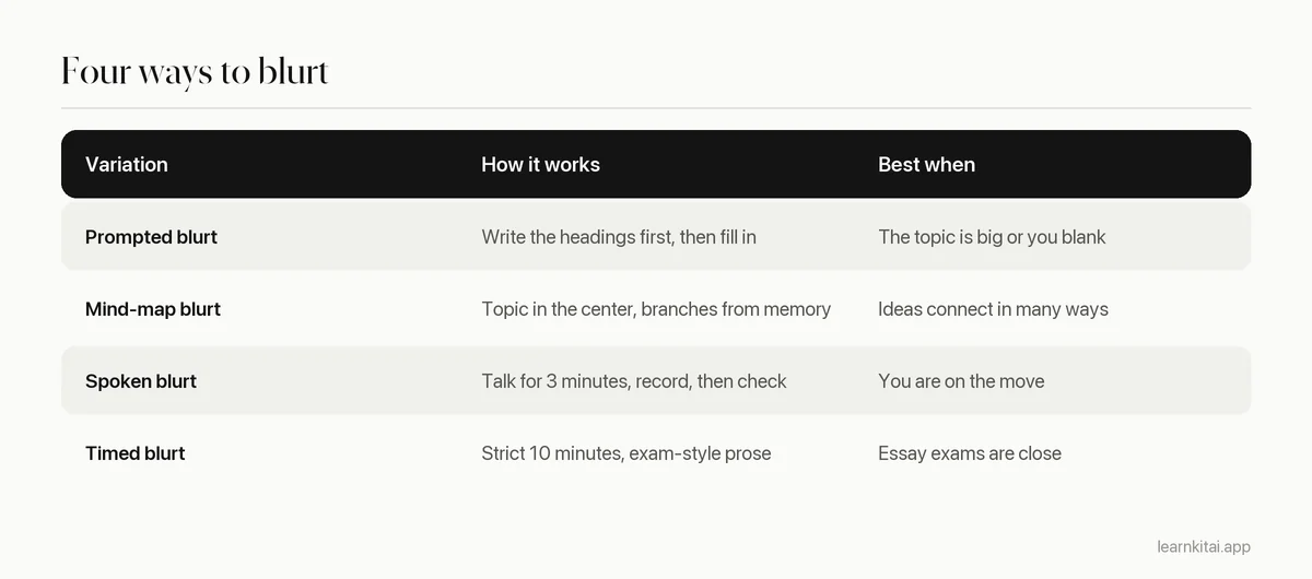 Table of four blurting variations, what each involves and when each one works best