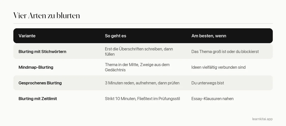 Tabelle mit vier Blurting-Varianten, was jede beinhaltet und wann sie am besten funktioniert