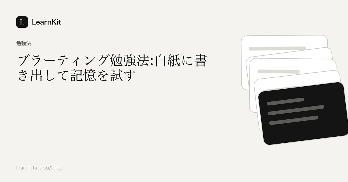 落ち着いたモノクロの模様の上に、タイトル「ブラーティング勉強法:白紙に書き出して記憶を試す」を配置した画像