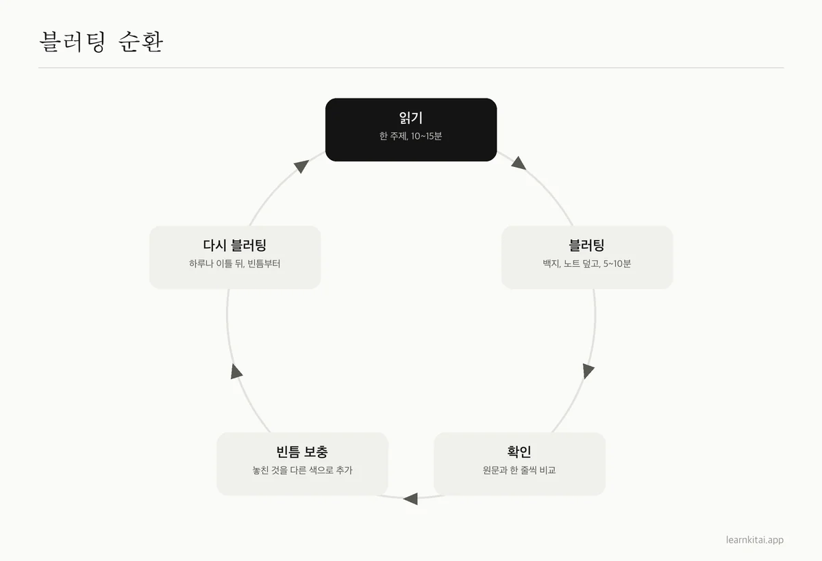 읽기, 블러팅, 확인, 새 색으로 빈틈 채우기, 나중에 다시 블러팅하는 블러팅 공부법의 순환