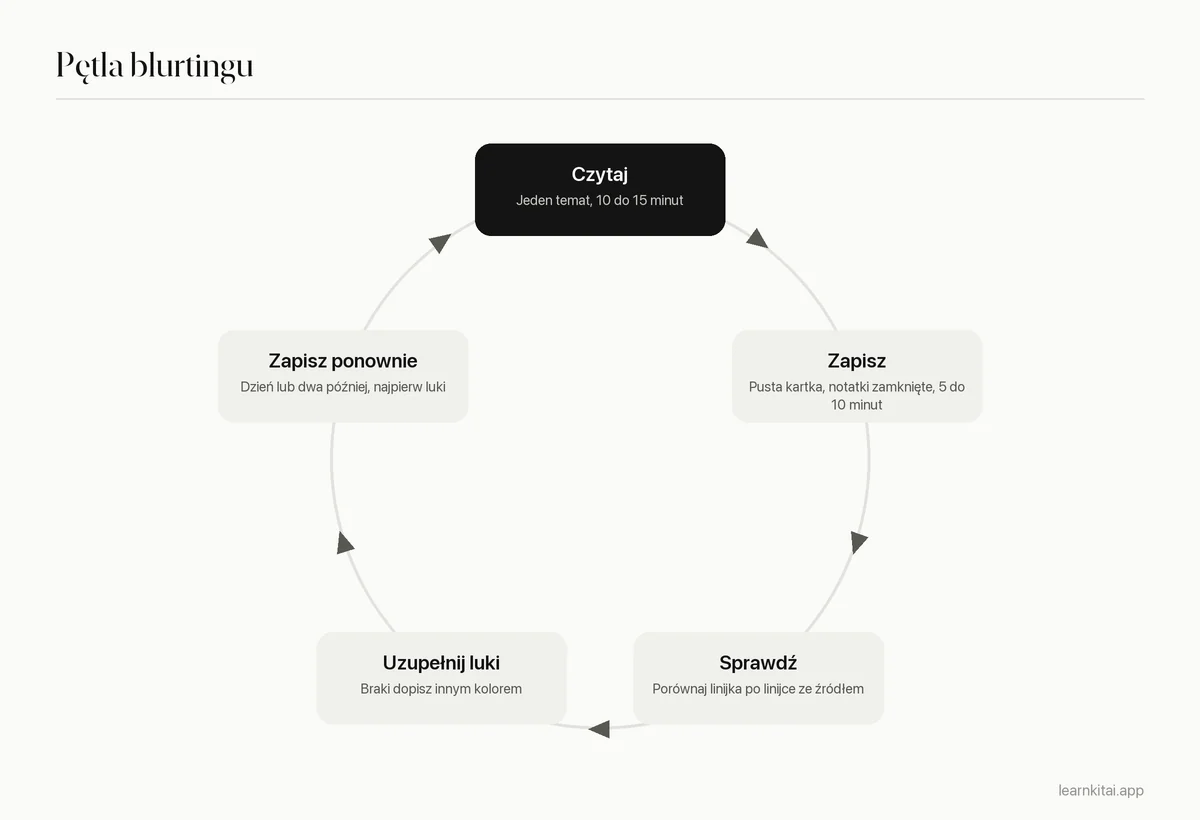 Cykl metody blurtingu: czytaj, zapisz z pamięci, sprawdź, uzupełnij luki nowym kolorem i zapisz ponownie później