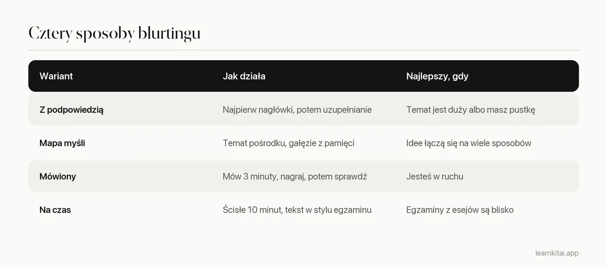 Tabela czterech wariantów blurtingu, co obejmuje każdy z nich i kiedy działa najlepiej