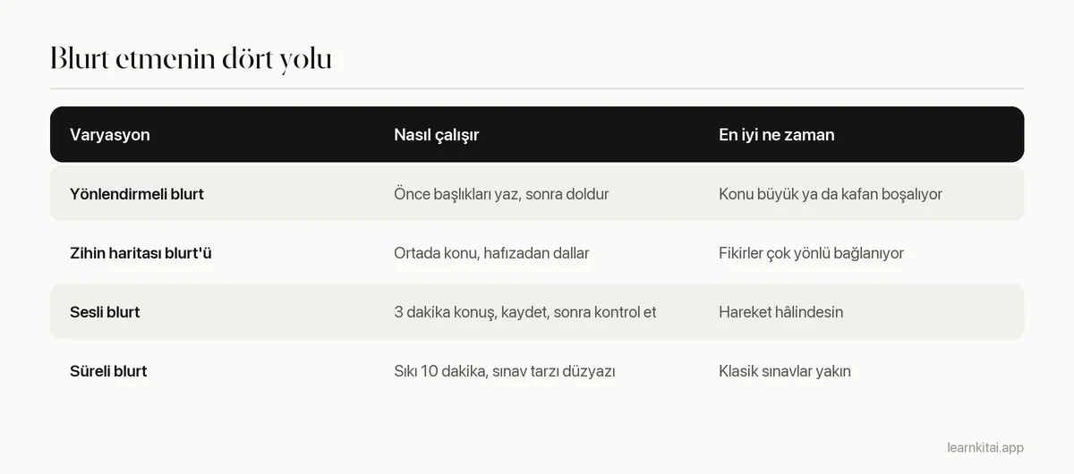 Dört blurting varyasyonunun neleri içerdiğini ve en iyi ne zaman çalıştığını gösteren tablo