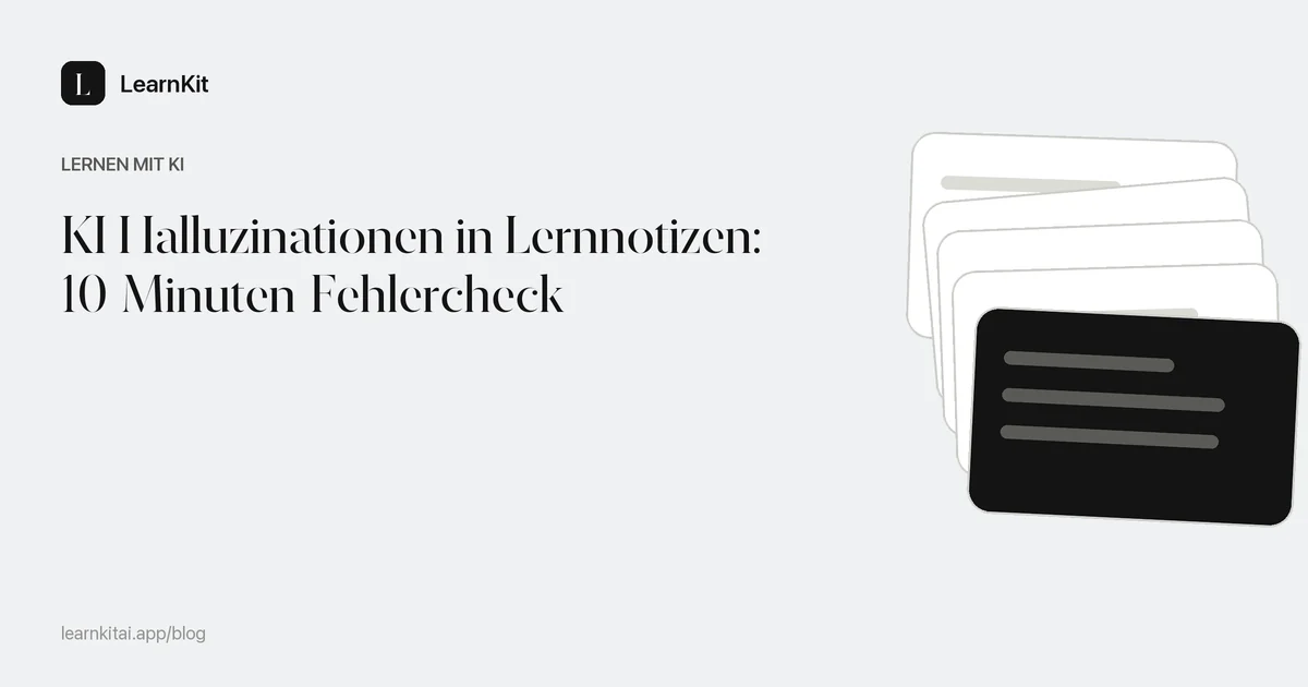 Der Titel KI Halluzinationen in Lernnotizen: 10-Minuten-Fehlercheck vor einem ruhigen, einfarbigen Muster