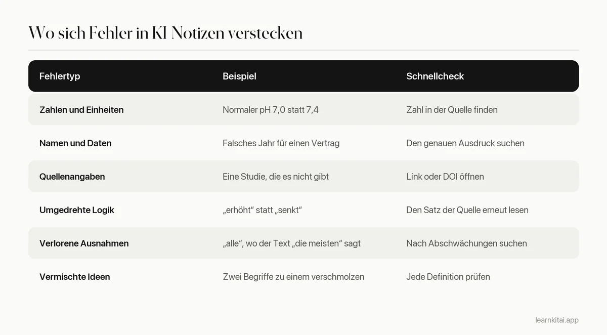 Tabelle mit häufigen Fehlertypen in KI-Notizen, je einem Beispiel und einer schnellen Prüfmethode