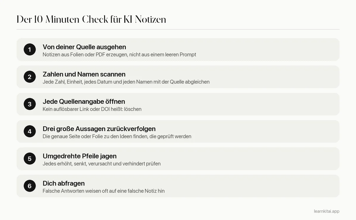 Routine in sechs Schritten, um KI-Lernnotizen in etwa zehn Minuten mit der Originalquelle abzugleichen