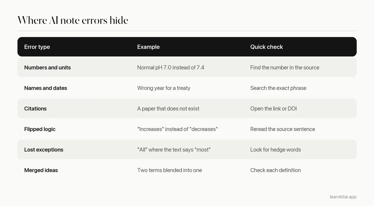 Table listing common types of AI note errors with an example of each and a quick way to check it