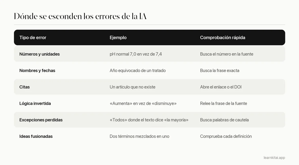 Tabla con los tipos de error más comunes en apuntes de IA, un ejemplo de cada uno y una forma rápida de comprobarlo