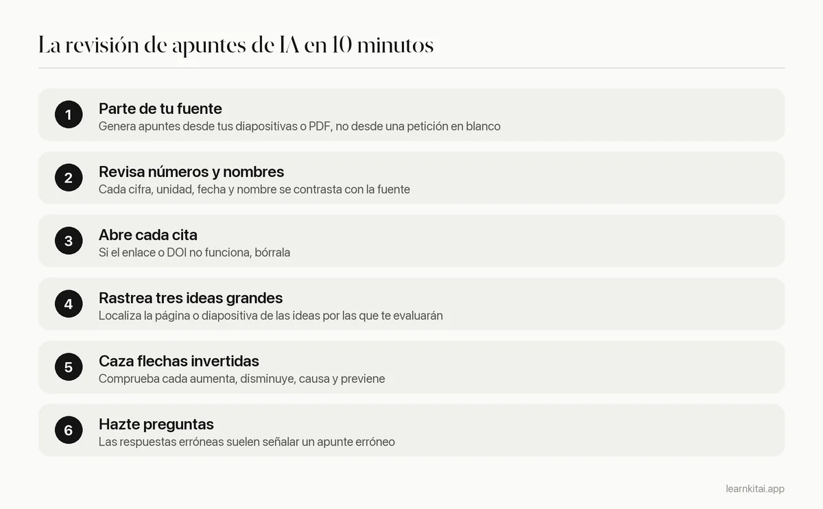Rutina de seis pasos para revisar apuntes de IA con la fuente original en unos diez minutos