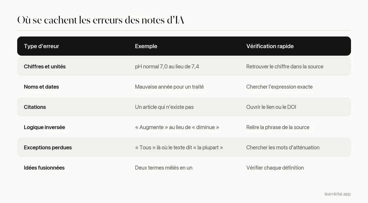 Tableau listant les types d'erreurs courants dans les notes d'IA avec un exemple de chacun et une façon rapide de le vérifier