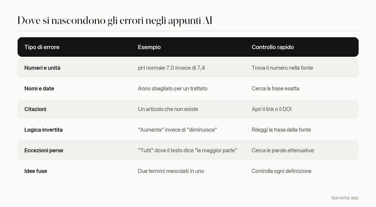 Tabella con i tipi comuni di errore negli appunti dell'AI, un esempio per ciascuno e un modo rapido per verificarlo