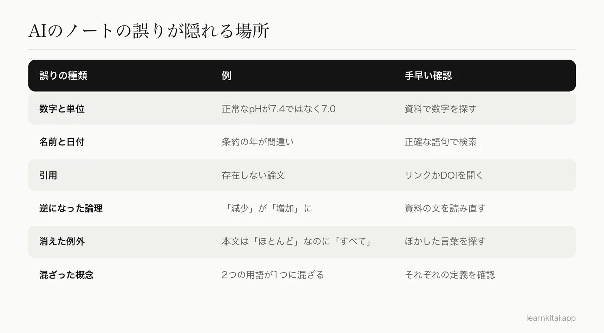 AIのノートによくある誤りの種類を、例と手早い確認方法とともに並べた表