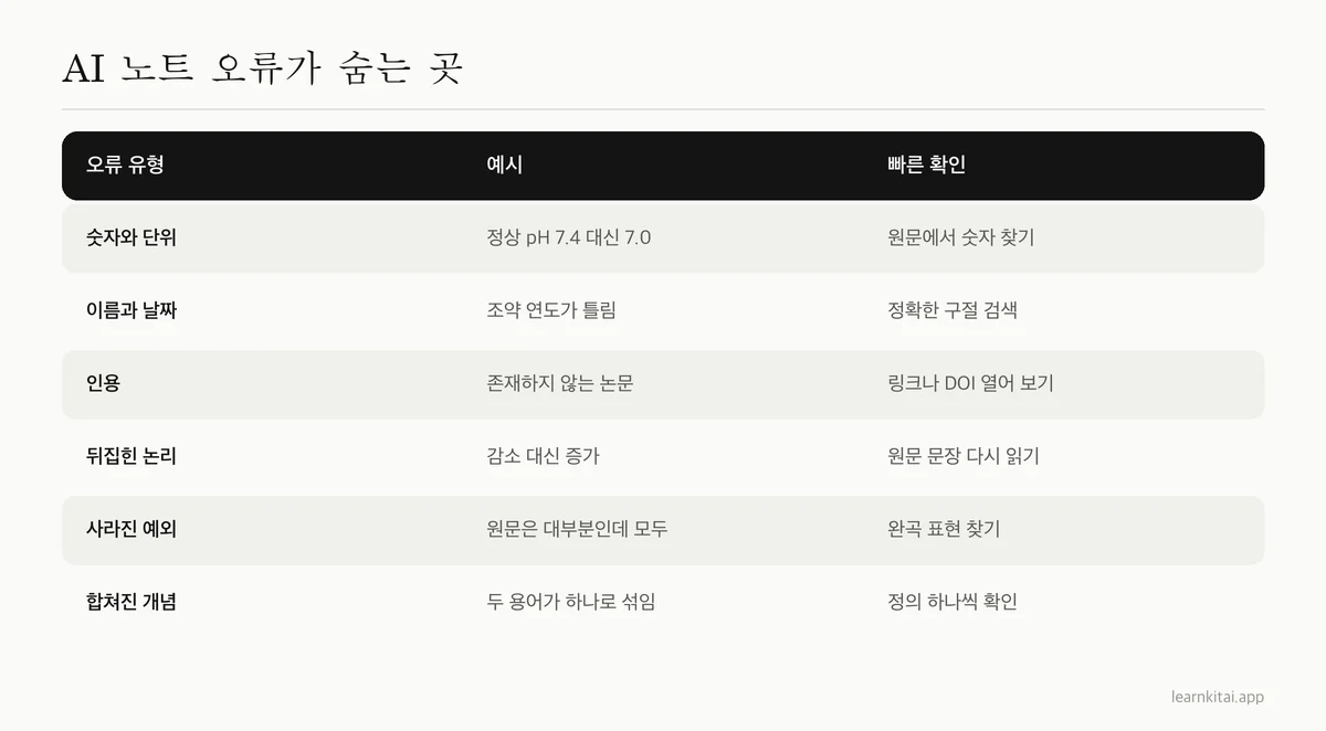 AI 노트 오류의 흔한 유형과 각각의 예시, 빠른 확인법을 정리한 표