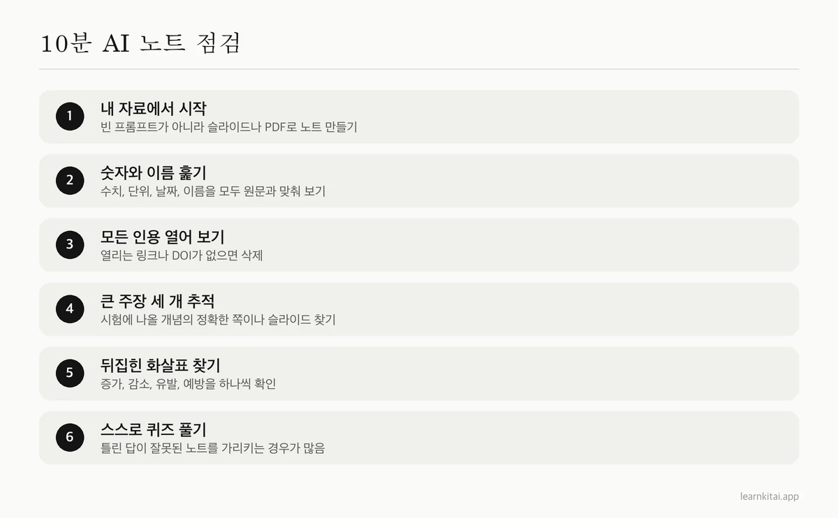 원문과 대조해 AI 공부 노트를 약 10분 동안 점검하는 여섯 단계 루틴