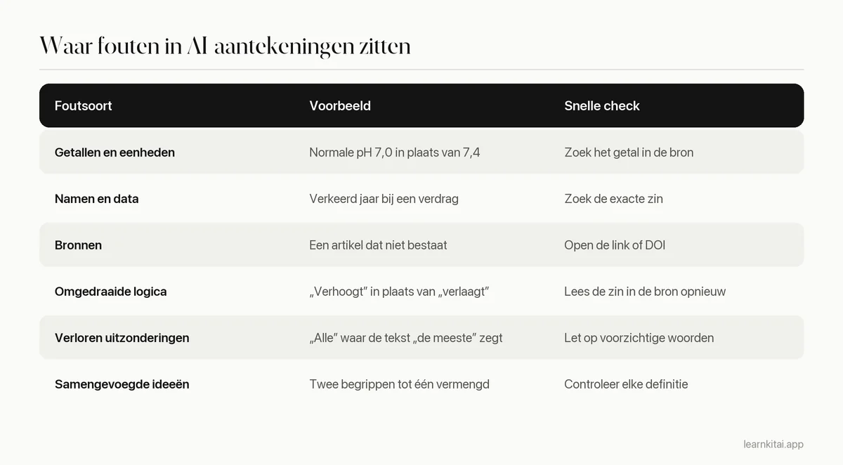 Tabel met veelvoorkomende soorten fouten in AI-aantekeningen met een voorbeeld en een snelle manier om ze te controleren