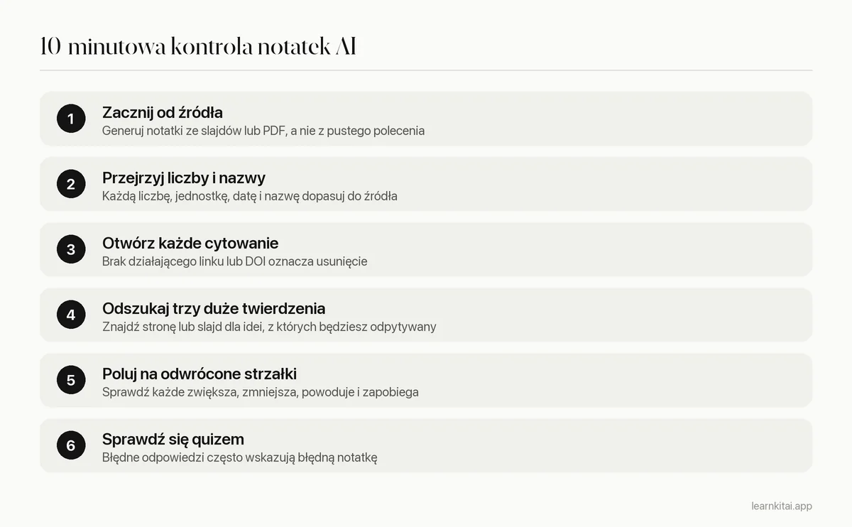 Sześciokrokowa rutyna sprawdzania notatek AI z oryginalnym źródłem w około dziesięć minut