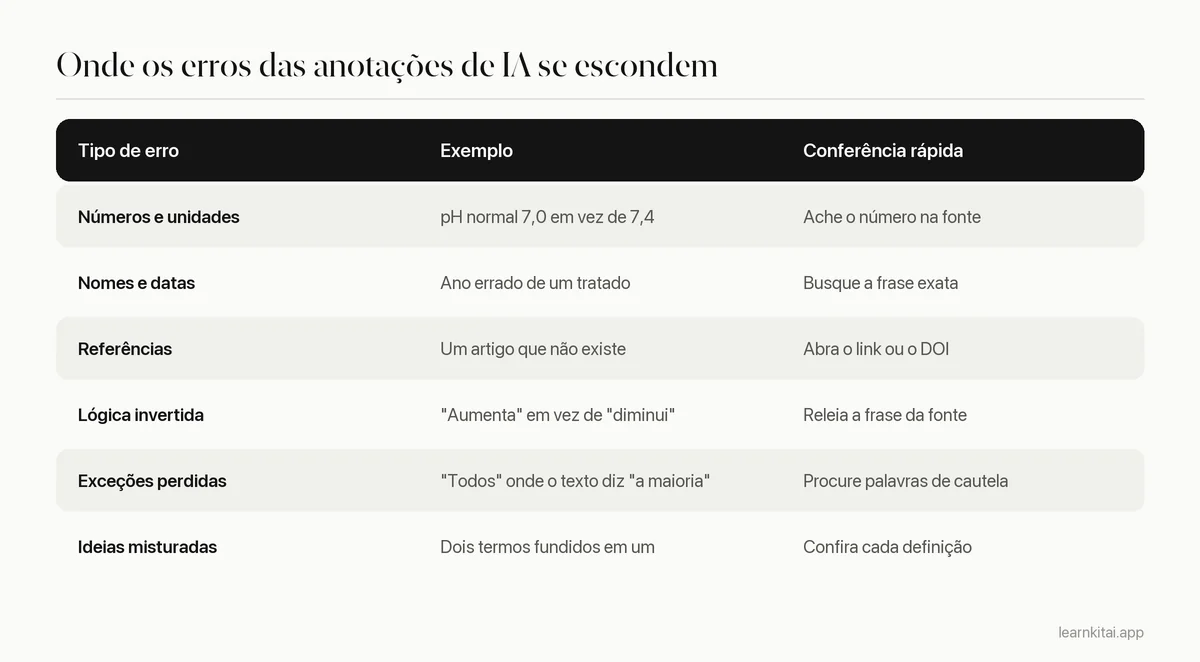 Tabela com tipos comuns de erro em anotações de IA, um exemplo de cada e um jeito rápido de conferir