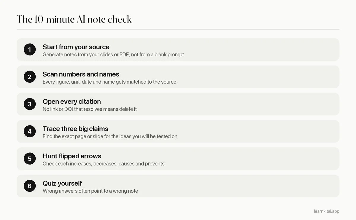 Six step routine for checking AI study notes against the original source in about ten minutes