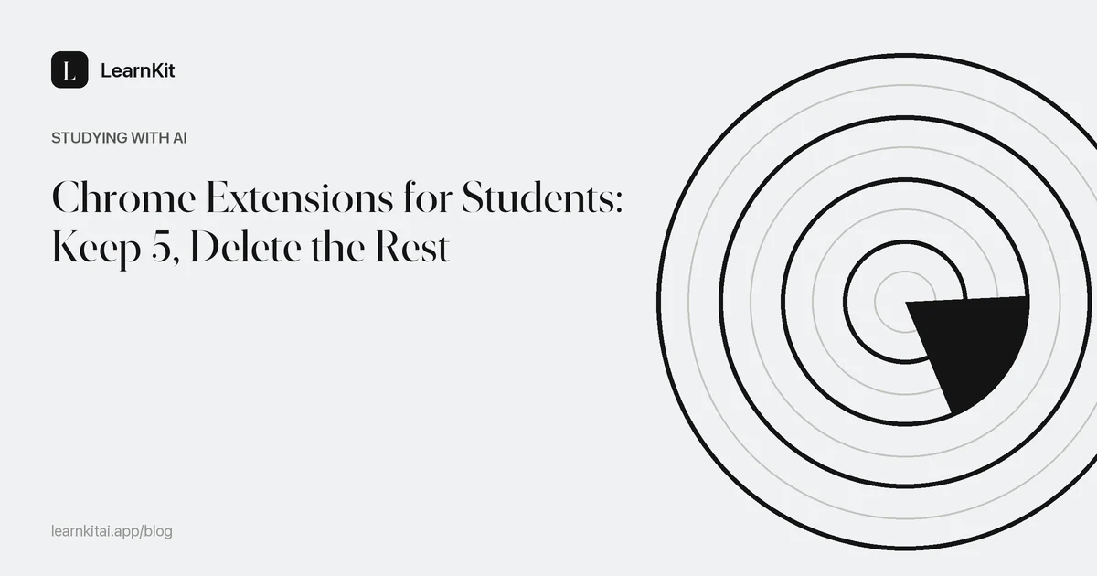The title Chrome Extensions for Students: Keep 5, Delete the Rest over a calm monochrome pattern
