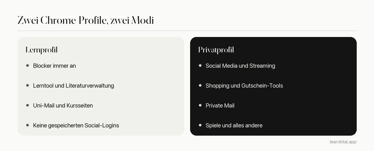Zwei Spalten, die ein Chrome-Lernprofil mit einem privaten Chrome-Profil vergleichen