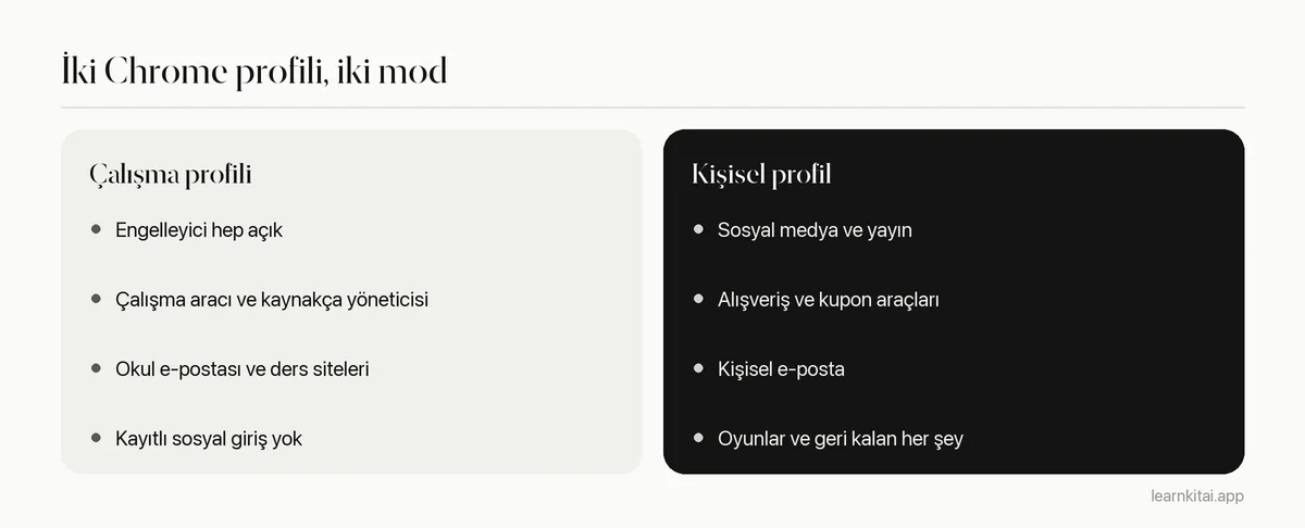 Bir çalışma Chrome profili ile bir kişisel Chrome profilini karşılaştıran iki sütun