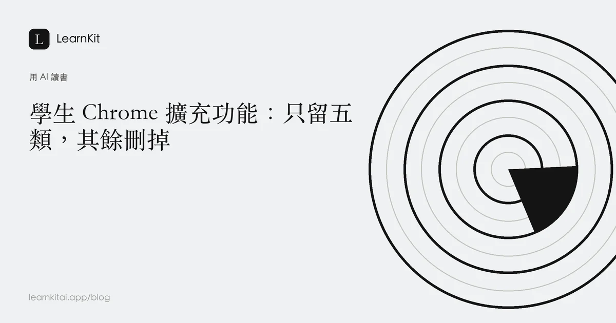 標題為「學生 Chrome 擴充功能：只留五類，其餘刪掉」，背景為沉靜的單色圖紋