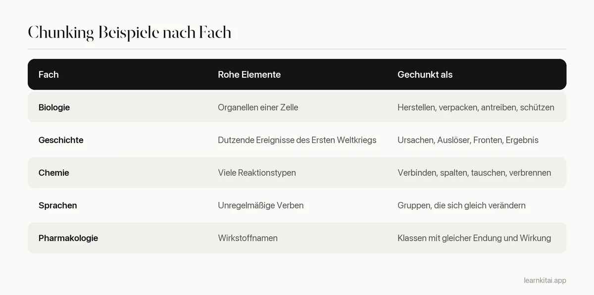 Tabelle mit Chunking-Beispielen in Biologie, Geschichte, Chemie, Sprachen und Pharmakologie