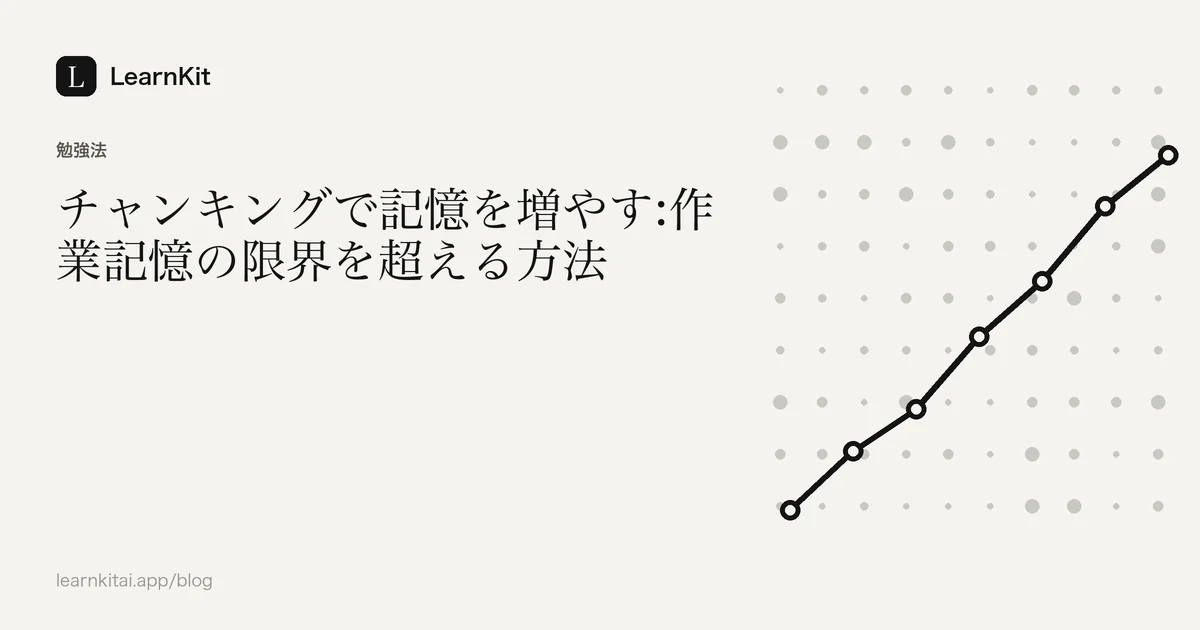 落ち着いたモノクロの模様の上に、タイトル「チャンキングで記憶を増やす:作業記憶の限界を超える方法」を配置した画像