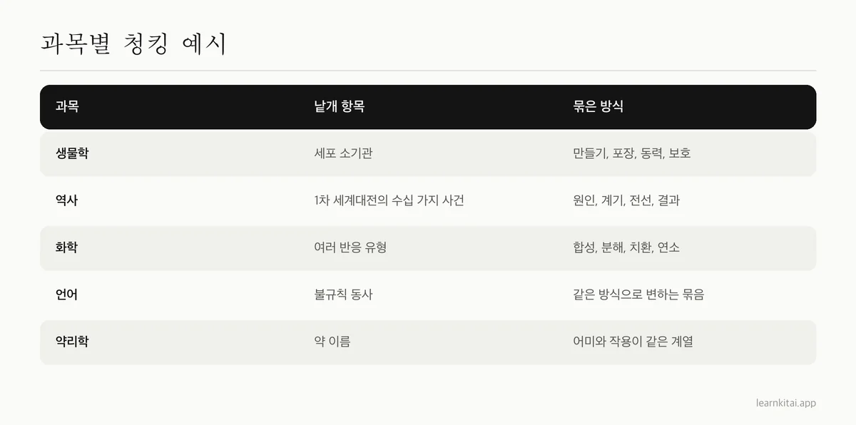 생물학, 역사, 화학, 언어, 약리학의 청킹 예시 표