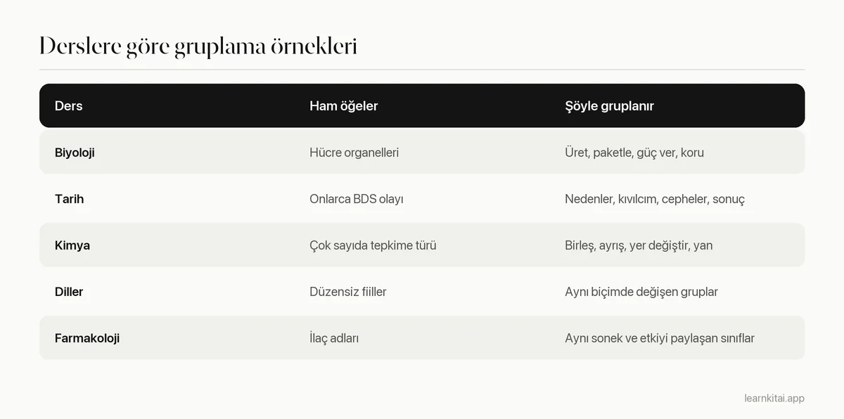 Biyoloji, tarih, kimya, diller ve farmakolojide gruplama örnekleri tablosu