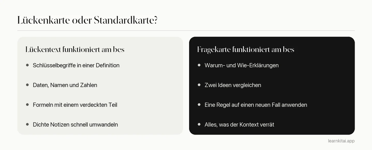 Vergleich, wann Lückenkarten und wann Frage-Antwort-Karten zu nutzen sind